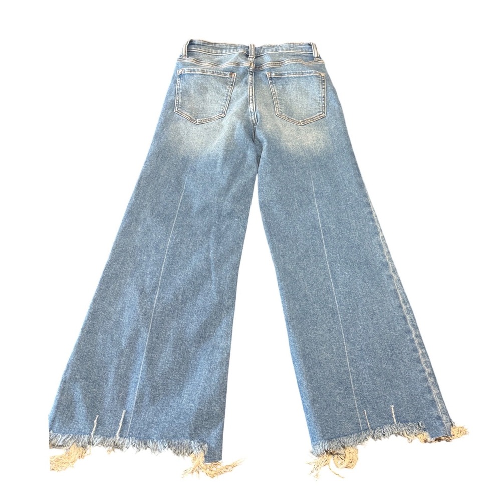 Zenana Wide Leg Jeans Womens 26 Distressed Frayed Hem Blue Cotton Stretch Denim - Picture 2 of 8
